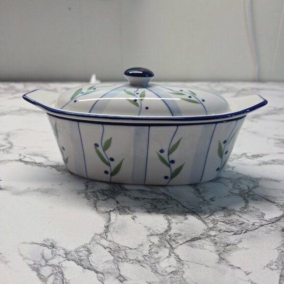 Butter Boat Cook Street Inc. Oval Boat With Insert / Lid Floral Striped - Picture 4 of 12